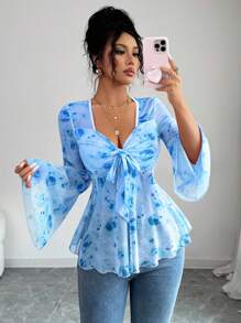 Elenzga 新款印花网纱透视喇叭袖蝴蝶结前襟休闲优雅女式T恤秋季女装 - 藍色 - 查看 4