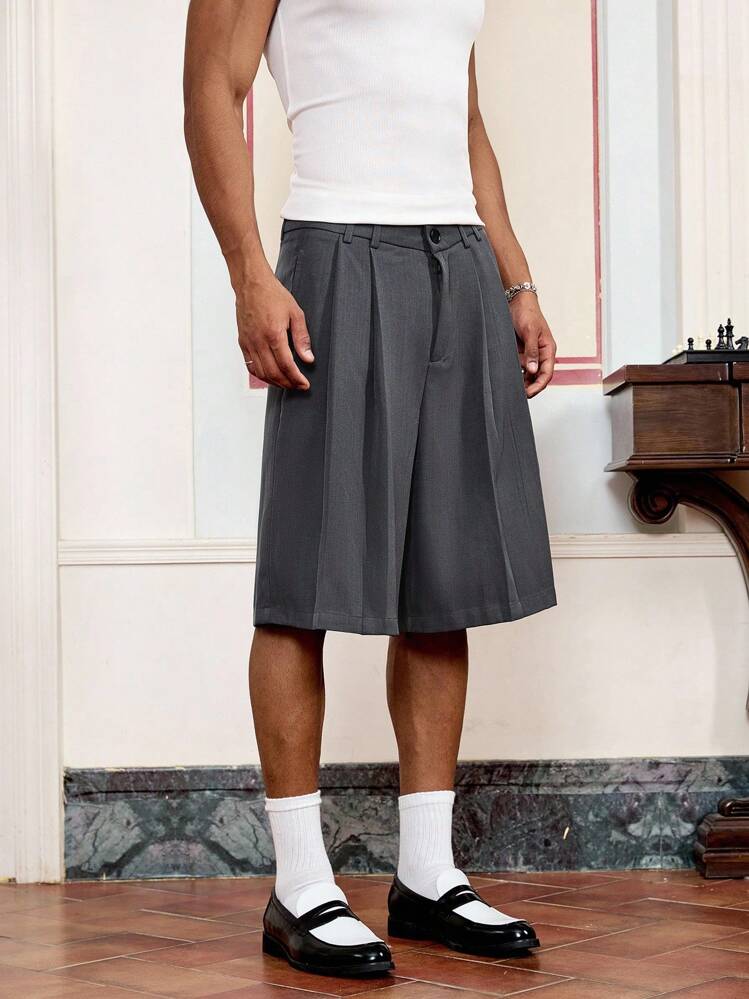 SWAVVY 男士宽松休闲百褶纯色短裤，夏季百搭 - 灰色 - 查看 3