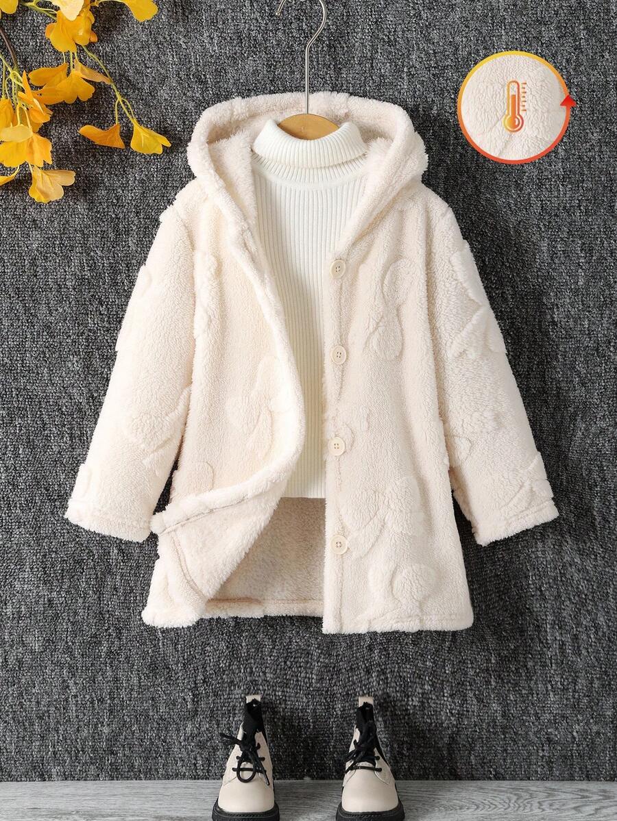 SHEIN 年轻女孩 1 件毛绒保暖经典街头风格连帽长袖外套年轻女孩蓬松外套 - 卡其色 - 查看 1