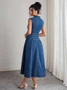 Elenzga 女士休闲无袖牛仔连衣裙，夏季 - 深色水洗藍 - 查看 2