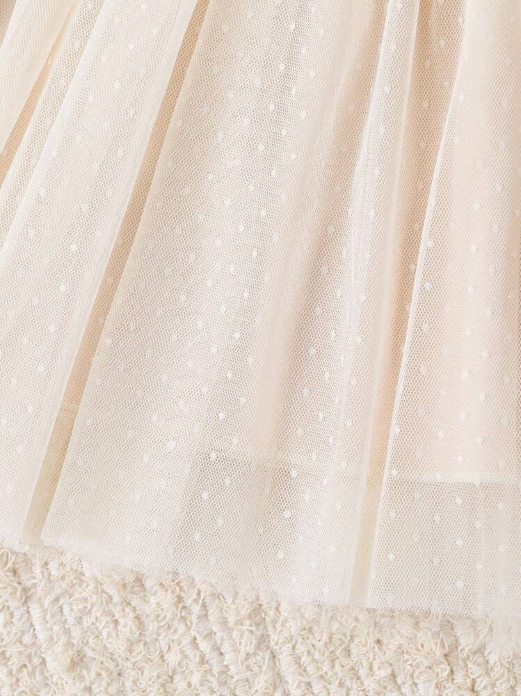 SHEIN 3M-3Y Baby Girl Elegant Sweet Lace Trim Decorated Knit Fabric Patchwork Polka Dot Mesh Skirt Hem Princess Long Sleeve Dress, Soft & Comfortable, Suitable For Spring, Summer, Autumn, Birthday Party, Photoshoot, School, Casual Outings - Apricot - View 7