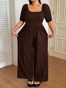 SHEIN EZwear Plus Size Women's Solid Color Puff Sleeve Loose Casual Summer Jumpsuit Brown Jumpsuit Women Puff Sleeve Brown Jumpsuit Casual Jumpsuits For Women - Brown - View 6