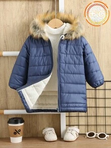 SHEIN Veste à capuche en polaire épaisse unisexe pour bébé avec col en fourrure, bleu foncé, convenant à l'automne/l'hiver, polyvalente pour l'intérieur, l'extérieur, le quotidien, les sports, les jeux, les fêtes, les séances photo, les vacances, les festivals, les raves, le ski