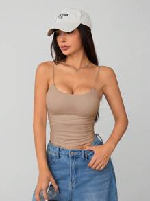 SHEIN PETITE Áo ba lỗ hở ngực bó sát cổ tròn thoáng khí cơ bản màu trắng dành cho nữ - Màu Khaki - Xem 6