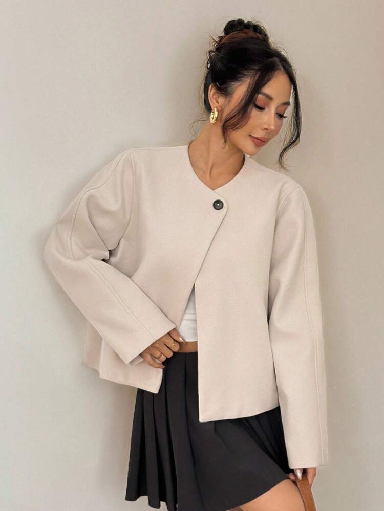 SHEIN PETITE Woolen Round Collar Short Coat Suitable For Autumn And Winter Cropped Blazer - Beige - View 8