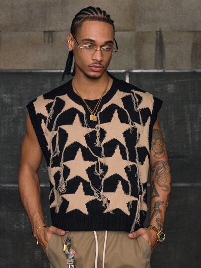 AXEPEAK Camiseta de punto casual sin mangas con cuello redondo y estampado de pentagrama para hombre, para otoño e invierno