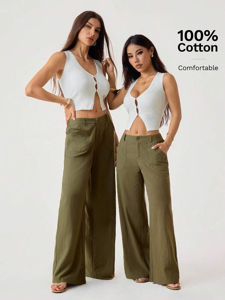 SHEIN Tall 100% 水洗纯棉低腰直筒裤 - 軍綠色 - 查看 3