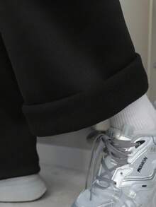 SHEIN Teens/Youth Boys' Casual Letter Slogan Print Knit Pants, All-Match Versatile Suitable For Commuting, School, Daily Casual, Travel, Outdoor Party, Sports, Autumn/Winter Black Sweatpants Wide Leg Sweatpants Baggy Sweatpants New York Sweatpants