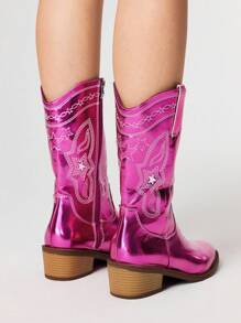 ROMWE Fairycore 2025年新款时尚刺绣亮片拼接女士圆头中筒靴V型开口长筒马靴粗跟修身百搭PU高筒靴女 - 紫色 - 查看 5