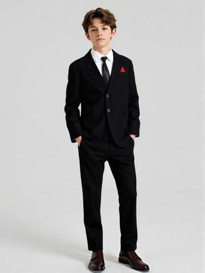 SHEIN Conjunto de 2 piezas para niño preadolescente estilo caballero: Chaqueta de traje con cuello y pecho contrastantes + Pantalones, Atuendo formal para fiesta de cumpleaños, evento de noche, boda, bautizo, aniversario