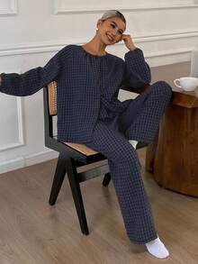 DAZY 格子灯笼袖上衣和裤子宽松女士家居服套装，秋冬服装，舒适套装 - 藏蓝色 - 查看 3