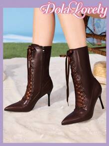 Dola Lovely 可爱性感洛丽塔风格女式缎面系带及膝靴，拉链尖头高跟保暖靴，时尚 - 棕色 - 查看 2