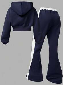 Girlism Teen Girls Hoodie & Sweatshirt Co-Ords, English Print Hoodie And Contrast Waistband Pants 2 Pieces Set Girls Sweat Outfit Sweat Set Navy Blue Hoodie Girls Hoodie Set Girls Sweatsuit Girls Tracksuit/Halloween/Autumn/Christmas/Holiday/Festival/Winter Fall - Blue and White - View 9