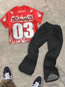 男童休闲舒适简约圆领短袖T恤和喇叭裤套装，03，勇气，涂鸦，街头风，童装精选系列，日常基础款，快乐儿童，儿童粉彩色系，机车风，家庭旅行，快乐时光，我爱妈妈，我爱爸爸 - 彩色 - 查看 4