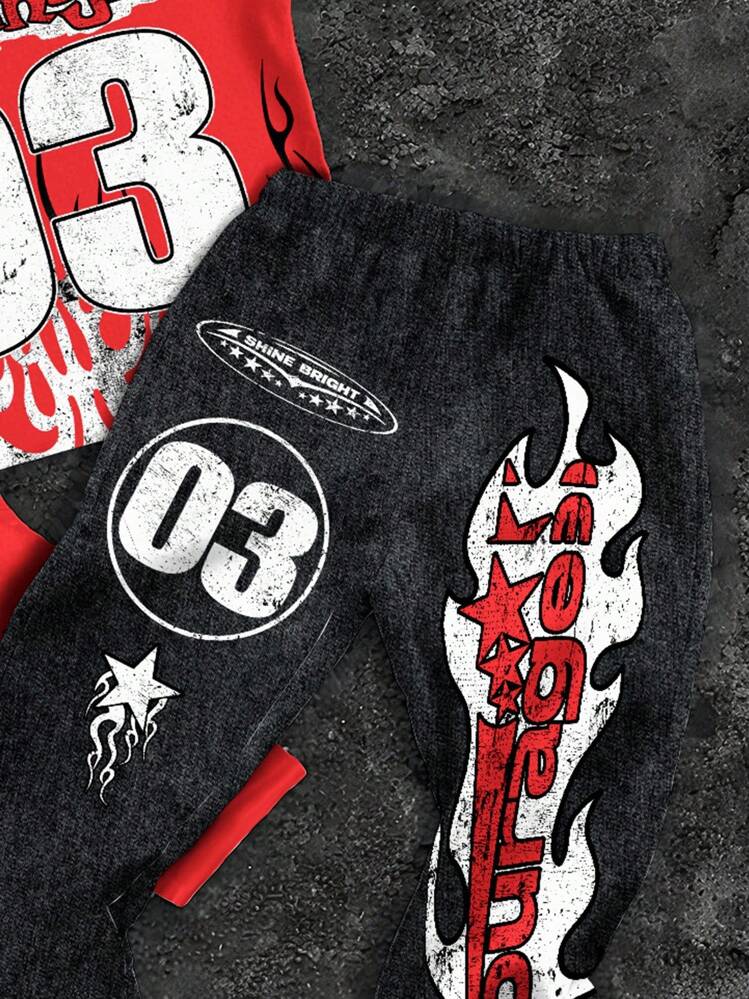 Tween Boy Casual Comfortable Minimalist Round Neck Short Sleeve T-Shirt And Flare Pants Set, 03, COURAGE, Graffiti, STREETSTYLE, Kids' Choice Collection, Everyday Basic, Happy Kids, Pastel Colors For Kids, Bikercore, Family Trip, Happy Days, I Love Mommy, I Love Daddy - Multicolor - View 5