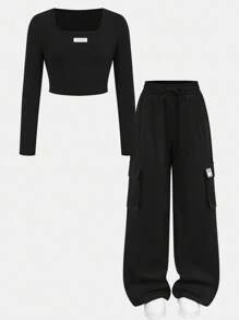 SHEIN 青少年女孩休闲针织高领长袖上衣和宽松工装口袋裤套装，非常适合秋冬街头穿着，周末休闲外出，母子装，青少年装，黑色青少年装，黑色工装裤套装，返校服装 - 黑色 - 查看 11