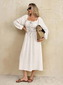 SHEIN Frenchy 女士休闲纯色灯笼袖中长连衣裙 - 杏色 - 查看 3