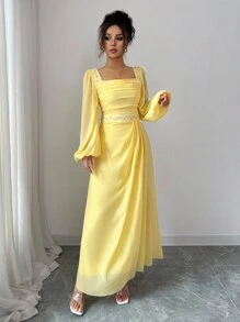Elenzga 优雅浪漫珍珠装饰方领腰部修身 A 字长袖连衣裙，适合派对和聚会 - 芥末黃 - 查看 5