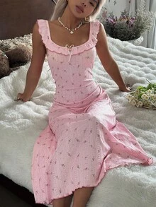 CottageSlumber 女式碎花睡袍，荷叶边领，可爱舒适的长裙 - 粉色 - 查看 3