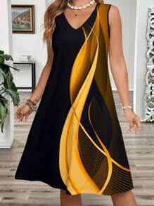 EMERY ROSE 大码女式拼色抽象印花无袖度假连衣裙、V 领无袖背心裙、时尚夏季连衣裙、沙滩裙女装