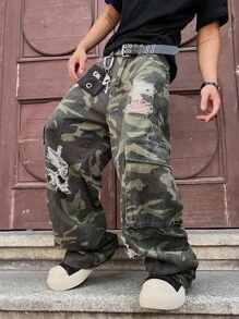 Manfinity EMRG 大码男士街头风格破洞迷彩印花宽松牛仔裤，Emo 风格 - 軍綠色 - 查看 7