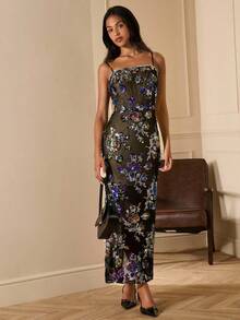 Lilora Vestido largo elegante de mujer con tirantes finos y lentejuelas, vestido formal con lentejuelas, vestido de gala floral para mujer, vestido de cena de crucero, vestido formal de fiesta de jardín, vestido formal con lentejuelas y flores, vestido de ocasión especial con lentejuelas y flores, vestido de gala con lentejuelas y flores, ropa de otoño para mujer elegante y digna - Negro - Ver 4