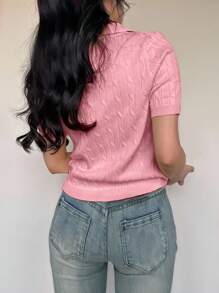 Flirla Áo thun tay ngắn cổ bẻ màu hồng, thường ngày, đa năng, cổ polo xoắn - Hồng - Xem 2