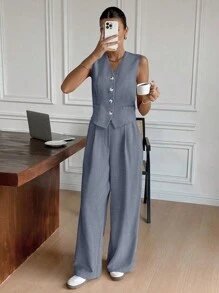 Siren Gaze 女士纯色单排扣背心和裤子套装 秋冬女士办公室装 商务女性服装 - 霧霾藍 - 查看 2