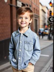 SHEIN Genkimix Kids Camisa de mezclilla para niño con bolsillos, estampado de letras y logotipo pequeño, moda casual de streetwear, genial para volver a la escuela - Lavado ligero - Ver 6