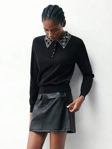 Maija 女士休闲纽扣和水钻装饰半拉链毛衣