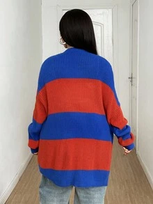 Maweii Plus Size Women Contrast Color Casual Loose Striped Pocket Open Front Cardigan Sweater Fall Winter Cloth For Women Autumn - Blue - View 2
