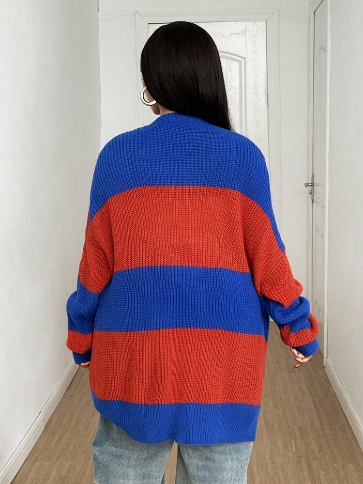 Maweii 大码女式撞色休闲宽松条纹口袋前开襟羊毛衫 - 藍色 - 查看 2