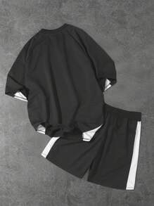 PAVTROS 男士休闲字母图案撞色圆领短袖T恤短裤套装，夏季 - 彩色 - 查看 2