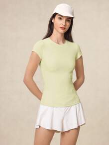 OutZeal 女士运动上衣 黄色纯色夏季春季健身瑜伽休闲吸汗收腹速干柔软圆领紧身T恤 - 黃色 - 查看 5