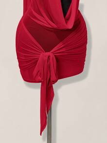 SHEIN ICON Women's Red Sheer Deep Draped Neck Ruched Tie Waist Backless Bodycon Mini Dress Draped Dress,Party Dresses For Women,Dresses For Women Party - Red - View 6