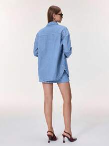 Selenza 女式落肩长袖单排扣口袋休闲牛仔衬衫 - 中等水洗藍 - 查看 8