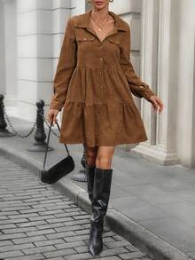 SHEIN Clasi 女式休闲日常纯色前扣荷叶边下摆连衣裙 - 棕色 - 查看 1