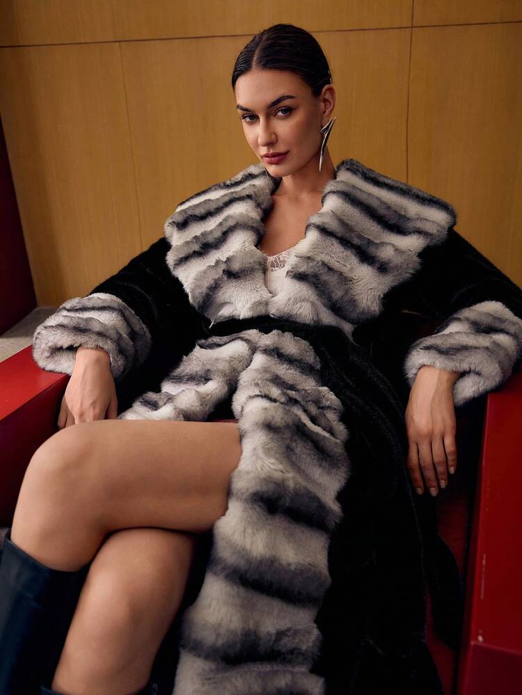 CAPPOTTO PELLICCIA COLORBLOCK CON CINTURA