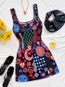 Soleia Plus Size Vacation Funny Pattern U-Neck Backless Mini Dress, Suitable For Music Festival, Bohemian, Holiday, Date, Valentine's Day Afternoon Tea - Multicolor - View 6