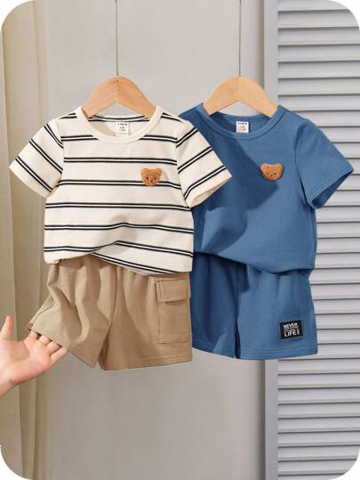 SHEIN 男女嬰兒夏季韓式四件套休閒短袖T恤，卡通圖案和條紋紋理，帶實用口袋的彈性腰短褲