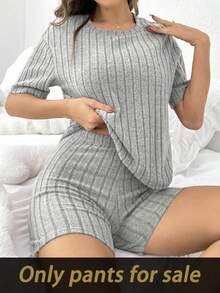 SHEIN 女式纯色罗纹修身休闲短裤 - 灰色 - 查看 4