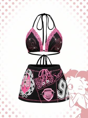 Betty Boop | ROMWE Women's Cartoon Figure Graphic Football Sports Sexy Rhinestone Halter Crop Top And Low Waist Mini Skirt 2-Piece Set