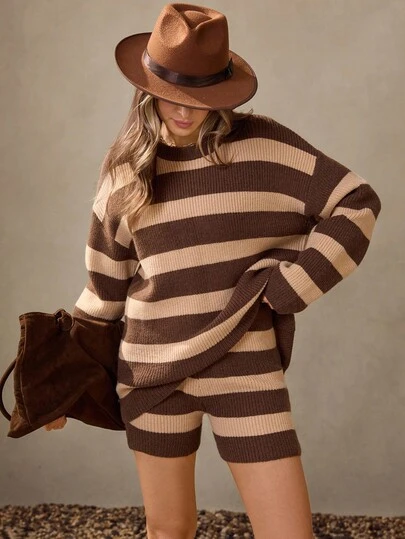 Wildy 2pcs American Country Style Casual Striped Khaki Pajama Set, Long Sleeve Knit Shorts Striped Two Pieces Set Brown Two Pieces Set Knit Two Pieces Set 2 Pieces Lounge Set Women Brown Striped Sweater Shorts Set Striped Knit Two Pieces Set Christmas Clothes Winter Clothes Women Western Wear Women Country Teacher Outfits For Women