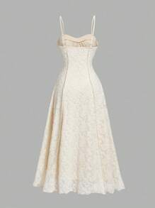 SHEIN MOD 大码女式提花连衣裙，杏色，胸前蝴蝶结，秋季连衣裙，复古，优雅，网纱连衣裙，职业女装 - 杏色 - 查看 3