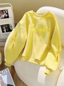 Resyla Maglione comodo da donna con girocollo, maniche lunghe e motivo ricamato a lettere - Giallo - Visualizzare 5