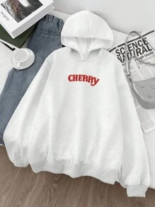 Teen Girl Casual Cherry & Letter Print Hoodie Sweatshirt