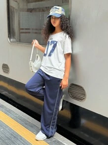 SHEIN Explorewe Pantalones casuales anchos de cintura elástica de unicolor para niñas preadolescentes - Azul - Ver 7