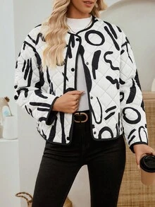 SHEIN LUNE Women's Fashionable Versatile Printed Jacket, Winter Quilted Jacket Artwork Print Jacket Graphic Print Jacket Women Jacket - Multicolor - View 3