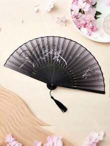 1pc Stylish Lightweight Handheld Fan Bamboo Folding Hand Fan With Botanical Theme - Elegantly Crafted Wooden Fan With Tassel, Classic Retro Design, Suitable For Graduation Gift, Home Decoration, Bamboo Art Ornament, Dance Stage Performance - Creative Anime Themes And Gifts