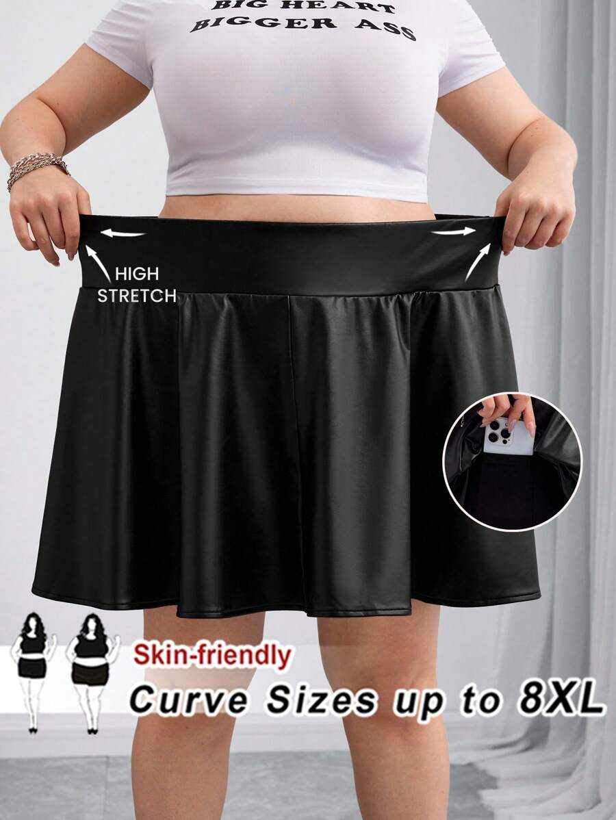 SHEIN CURVE+ Curves 大码/学校服装/返校服装/返校大码女式 PU 皮革黑色迷你短裙短裤，内置短裤和口袋，女式黑色短裙，大码短裙，仿皮短裙，短裤运动短裙，女士假日服装，女士秋季服装，冬季，CURVE PLUS - 黑色 - 查看 1